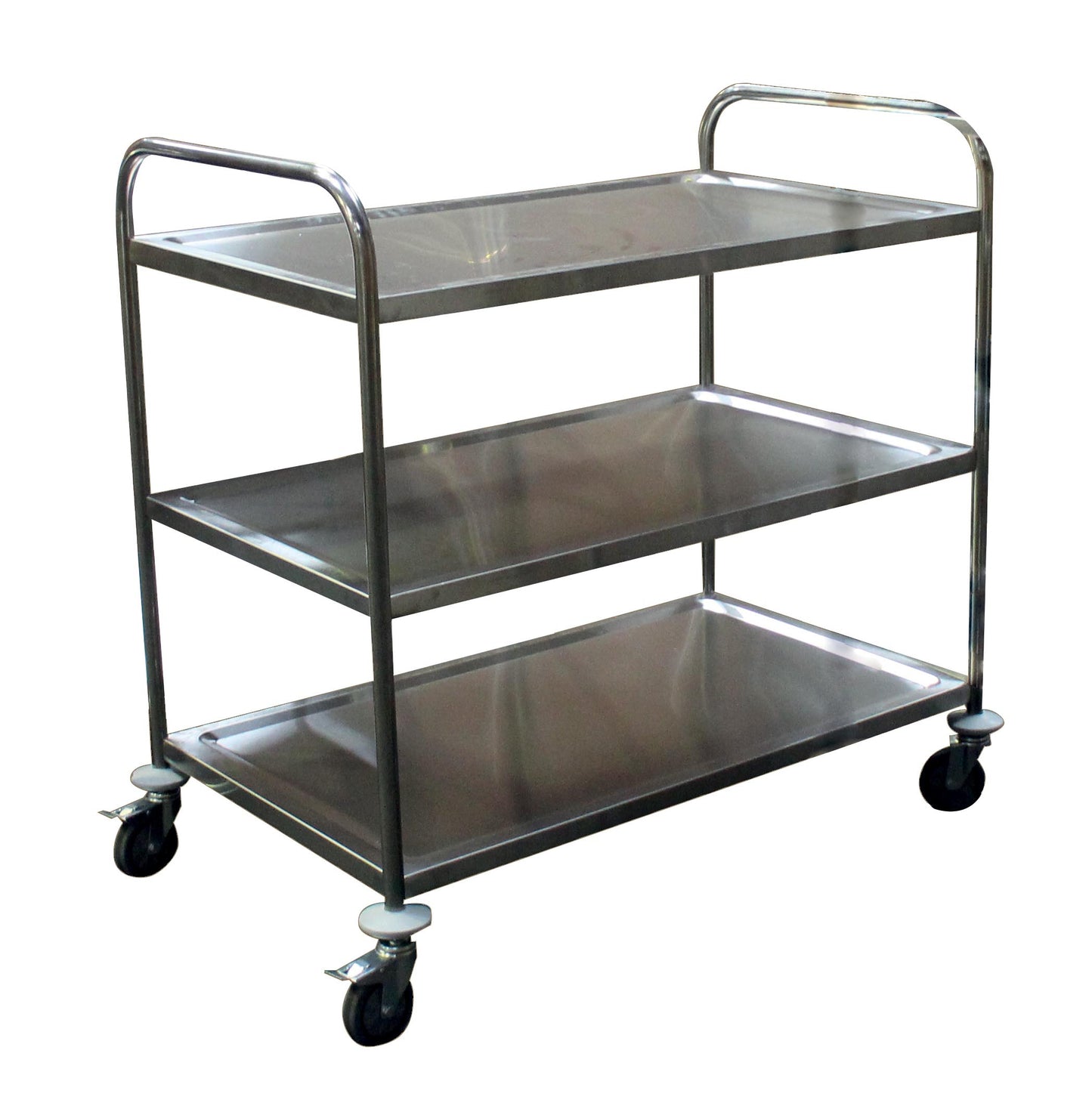 DESSERTE DEMONTABLE INOX 201, 3 NIVEAUX, 4 ROUES - PIVOTANTES DONT 2 A FREINS