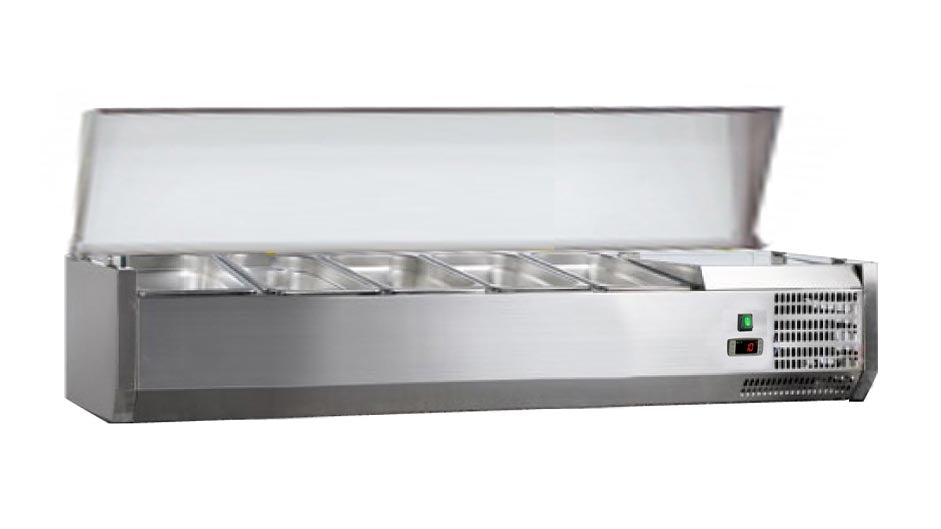 VITRINE A INGREDIENTS INOX, +2/+8°C, GAZ R600A - COUVERCLE INOX, 4GN1/3 + 1GN1/2-150, NON COMPRIS