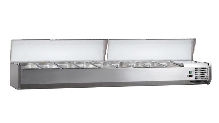 VITRINE A INGREDIENTS INOX, +2/+8°C, GAZ R600A - 2 COUVERCLES INOX, 9GN1/3-150 NON COMPRIS