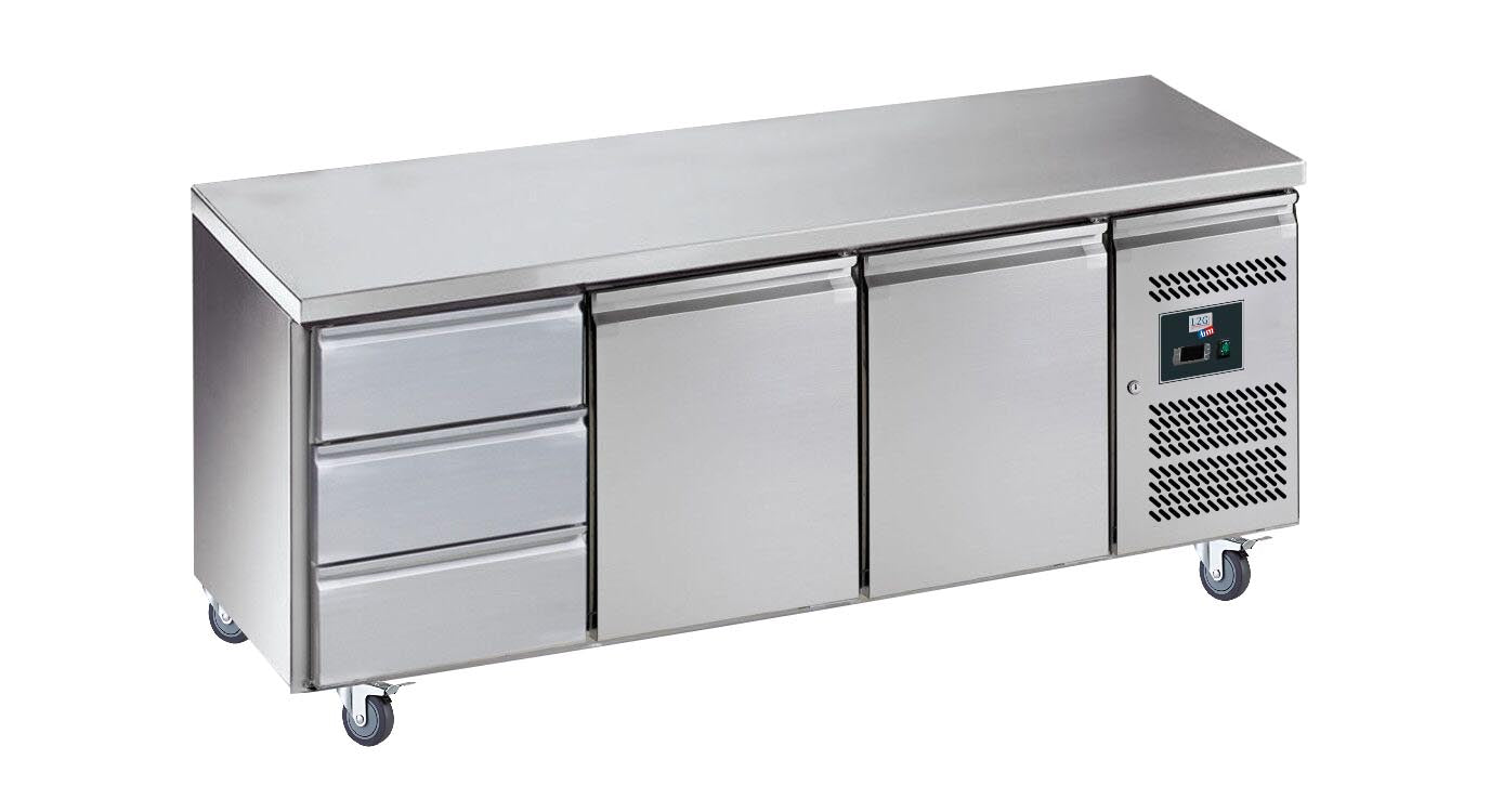 DESSERTE REFRIGEREE INOX CENTRALE -2/+8°C  - 2 P. GN1/1+1 BLOC 3 TIROIRS, SUR ROULETTES Ø 100MM