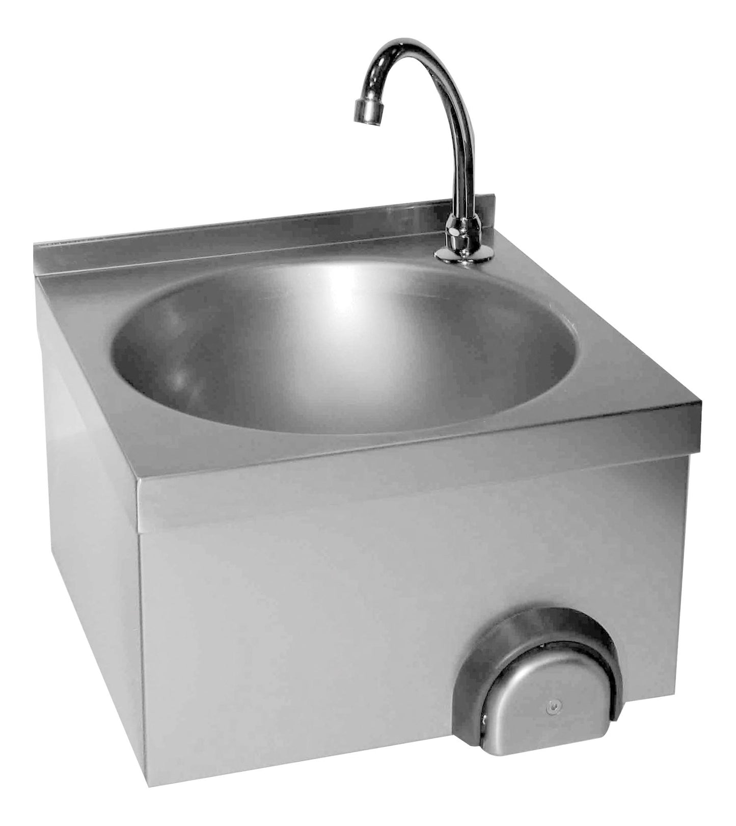 LAVE-MAINS INOX CUVE RONDE, DOSSERET 30 MM - COMMANDE FEMORALE PAR BOUTON POUSSOIR