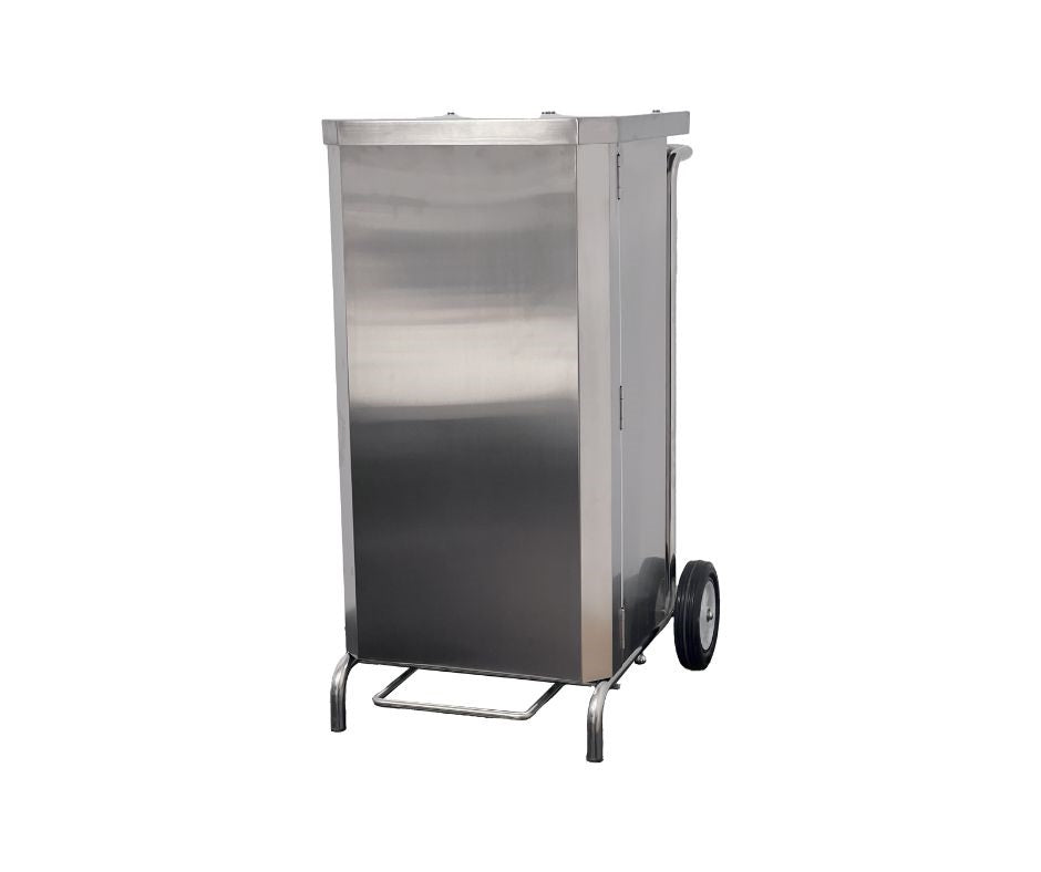 PORTE-SACS MOBILE CARENE INOX A OUVERTURE FRONTALE - POUR SACS DE 70L, 2 ROUES D.150 MM