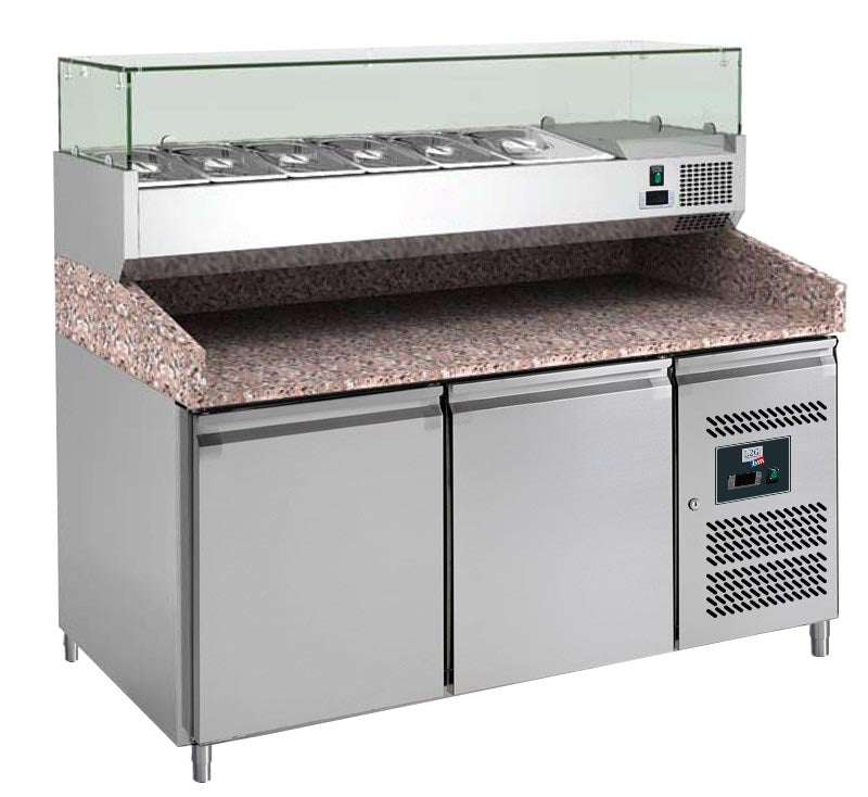 MEUBLE PIZZAS, 2 P. 600X400 MM, +2/+8°C, - DESSUS GRANIT+VITRINE REFRIGEREE 5GN1/3+1GN1/2