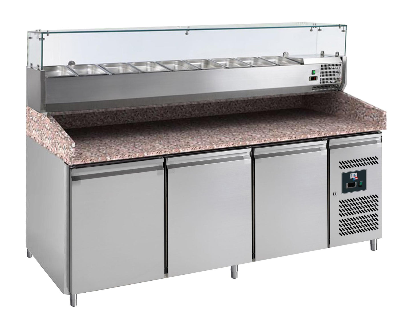 MEUBLE PIZZAS, 3 P. 600X400 MM, +2/+8°C, - DESSUS GRANIT, AVEC VITRINE REFRIGEREE 9GN1/3-150