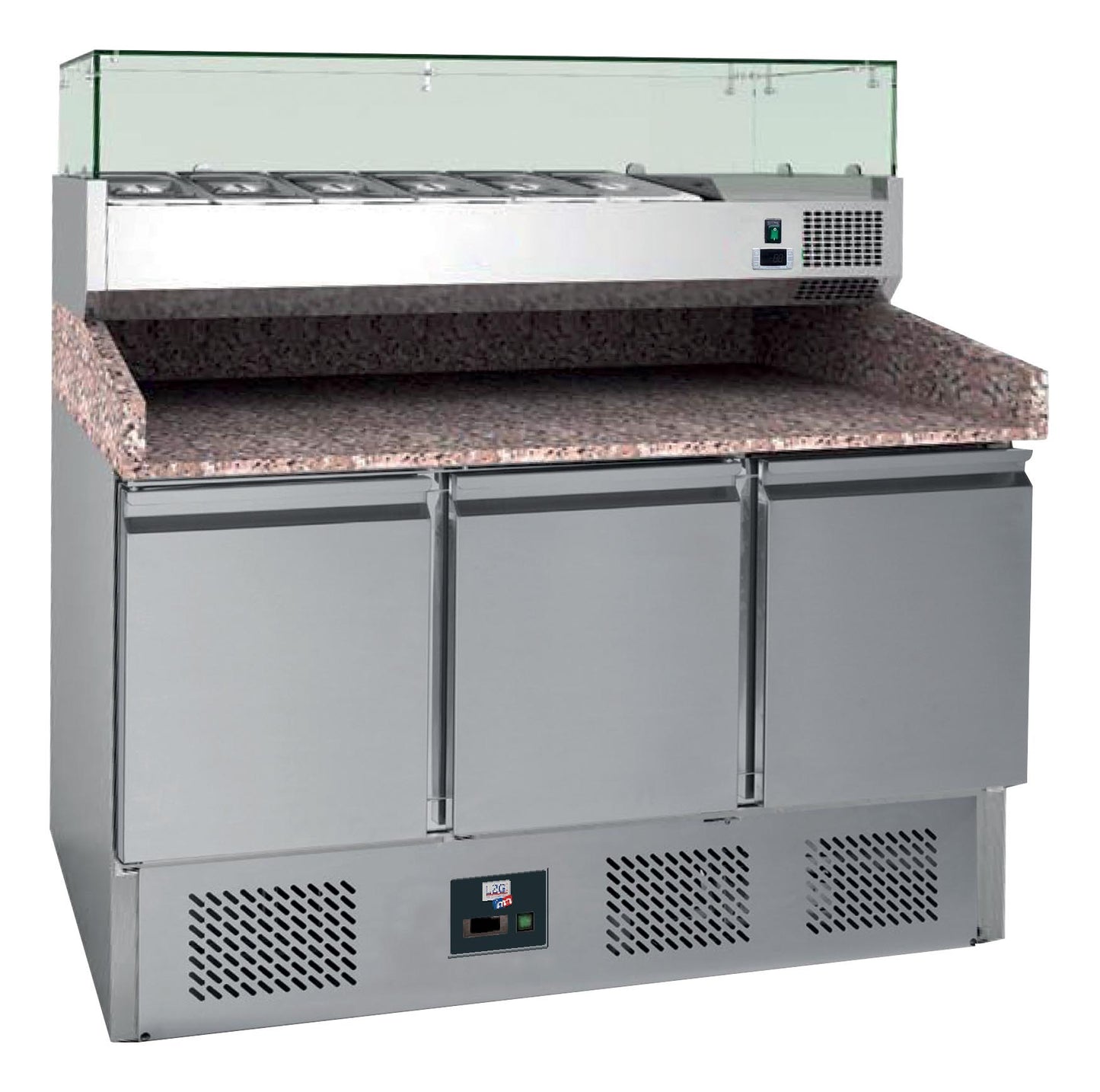 MEUBLE PIZZAS REFRIGERE GROUPE EN DESSOUS +2/+8°C - GAZ R290, DESSUS GRANIT, 3 P. GN1/1, AVEC VITRINE