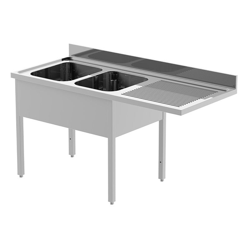 Plonge inox pour lave-vaisselle - 2 bacs - Egouttoir à droite - P 700 x L 1800 mm - Sans étagère basse - PGL1825DT