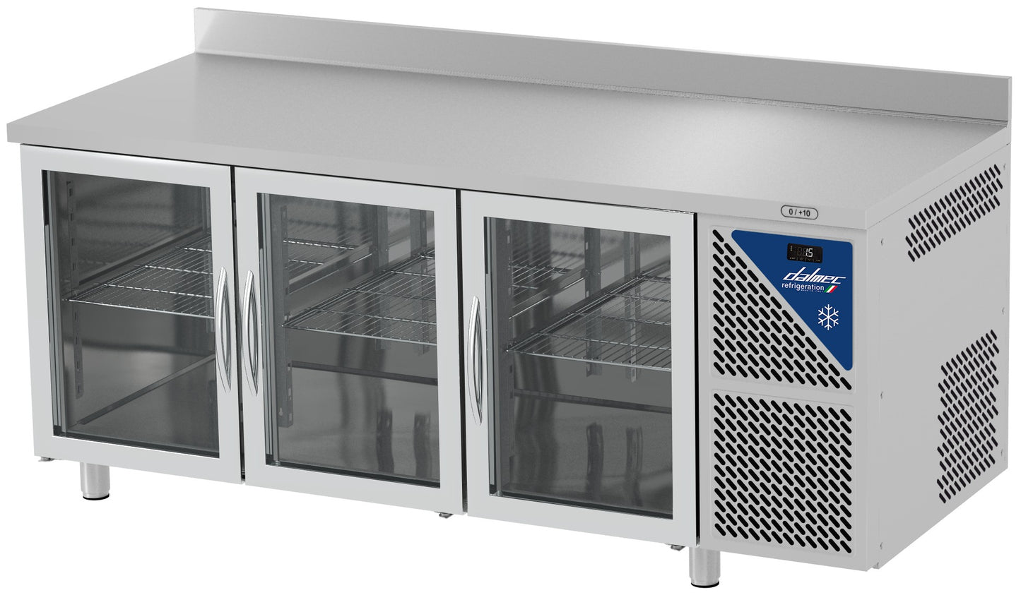 Table réfrigérée vitrée positive 0/+10°C - 350 L - 3 portes - Prof. 600 - 430 x 325 - Avec dosseret - SN603V-3 - Dalmec