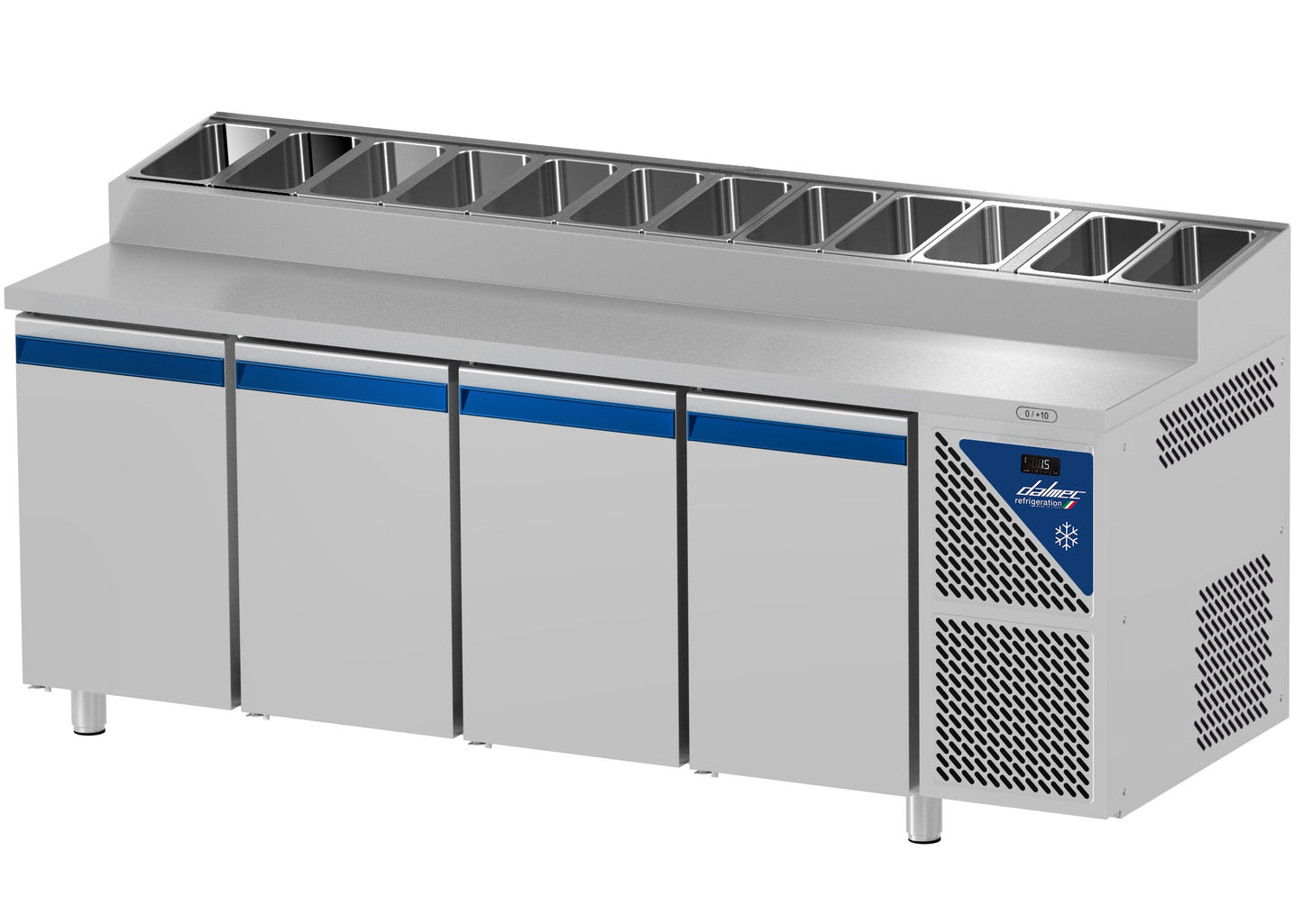 Table snack positive +4/+10°C - 816 L - 4 portes pleines - Prof. 800 - 600 x 400 - Sans couvercle - PS804-3 - Dalmec