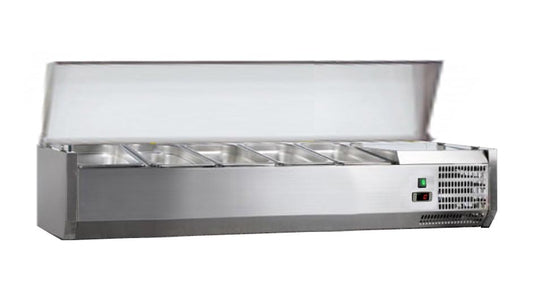 VITRINE A INGREDIENTS INOX, +2/+8°C, GAZ R600A - COUVERCLE INOX, 4GN1/3 + 1GN1/2-150, NON COMPRIS