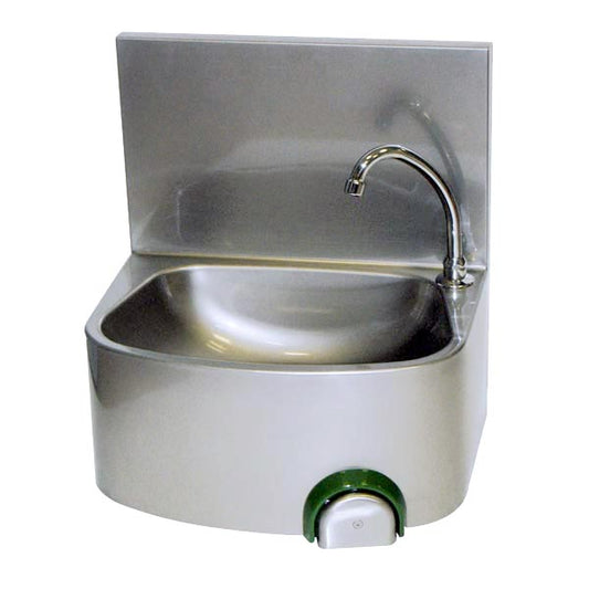 LAVE-MAINS INOX 304, DOSSERET MONOBLOC PLIE - COMMANDE FEMORALE PAR BOUTON POUSSOIR