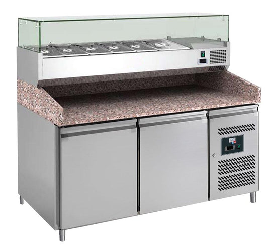 MEUBLE PIZZAS, 2 P. 600X400 MM, +2/+8°C,  - DESSUS GRANIT+VITRINE REFRIGEREE 5GN1/3+1GN1/2