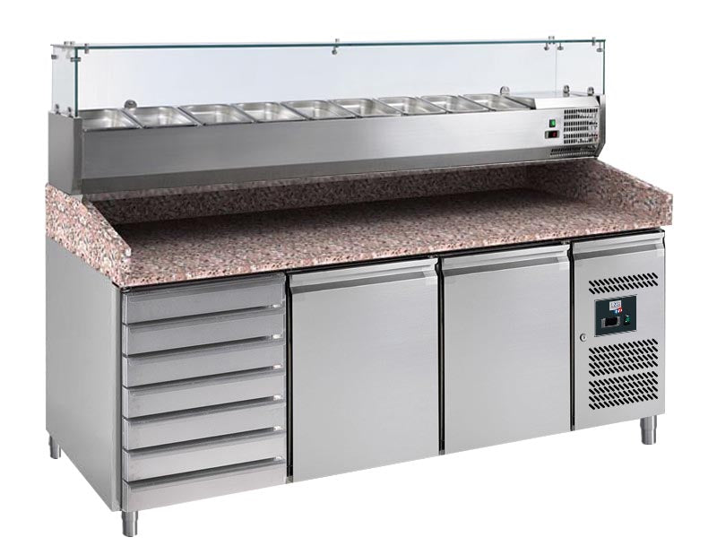 MEUBLE PIZZAS 2 P. 600X400MM+7TIROIRS, +2/+8°C - CLASSE 4, DESSUS GRANIT VITRINE REFRIGEREE 9GN1/3