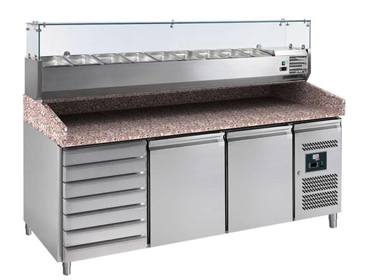 MEUBLE PIZZAS 2 P. 600X400MM+7TIROIRS, +2/+8°C - CLASSE 4, DESSUS GRANIT VITRINE REFRIGEREE 9GN1/3
