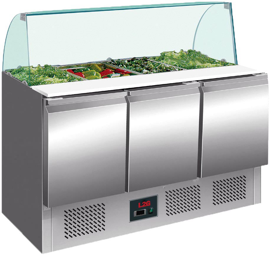 SALADETTE REFRIGEREE INOX PARE-HALEINE VERRE - +2/+8°C, 3 PORTES GN1/1, CAP.4GN1/1 - 368L