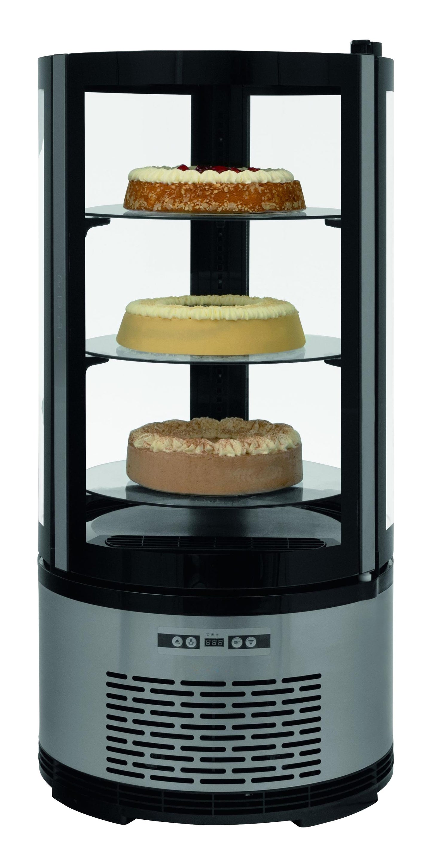 VITRINE REFRIGEREE TYPE GOURMET, 100L, +2°C/+8°C - 3 ETAGERES RONDES, AVEC ECLAIRAGE LED 2 COTES