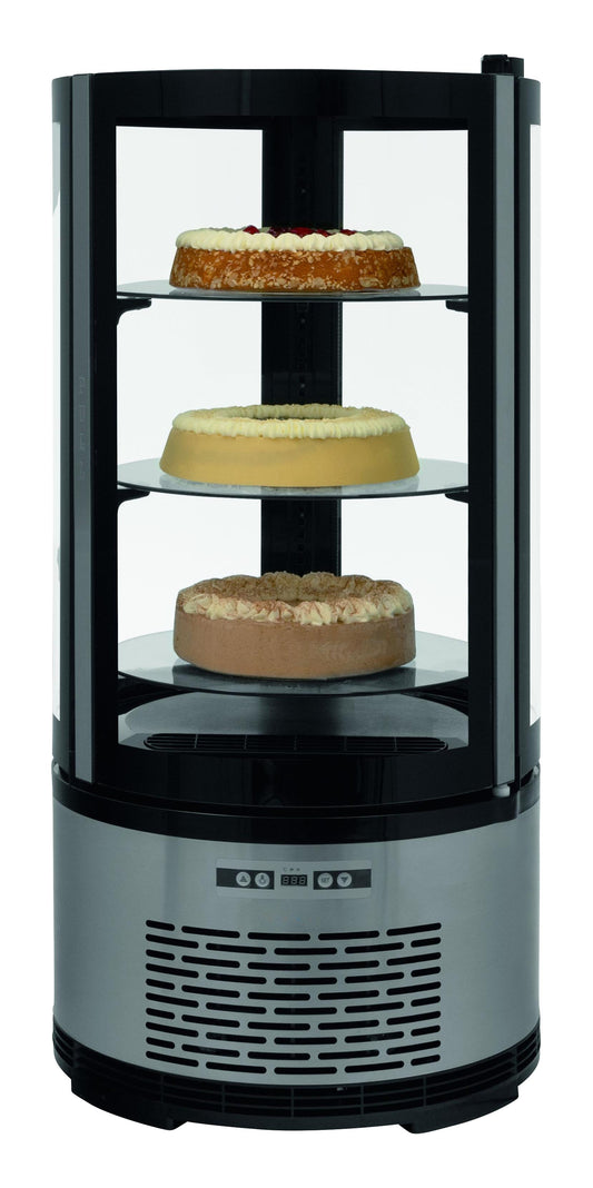 VITRINE REFRIGEREE TYPE GOURMET, 100L, +2°C/+8°C - 3 ETAGERES RONDES, AVEC ECLAIRAGE LED 2 COTES