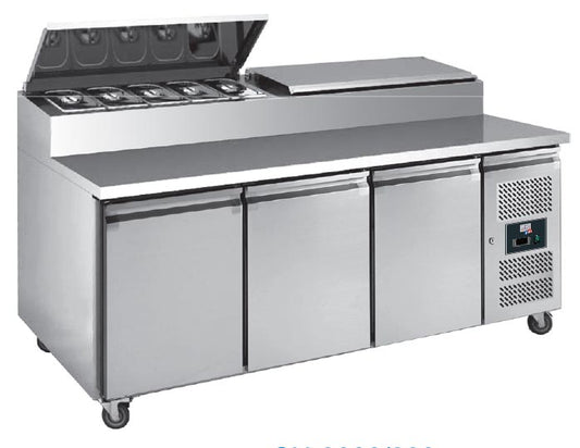 TABLE A SANDWICHES REFRIGEREE +2/+8°C - GAZ R290, DESSUS INOX, 3 PORTES GN1/1