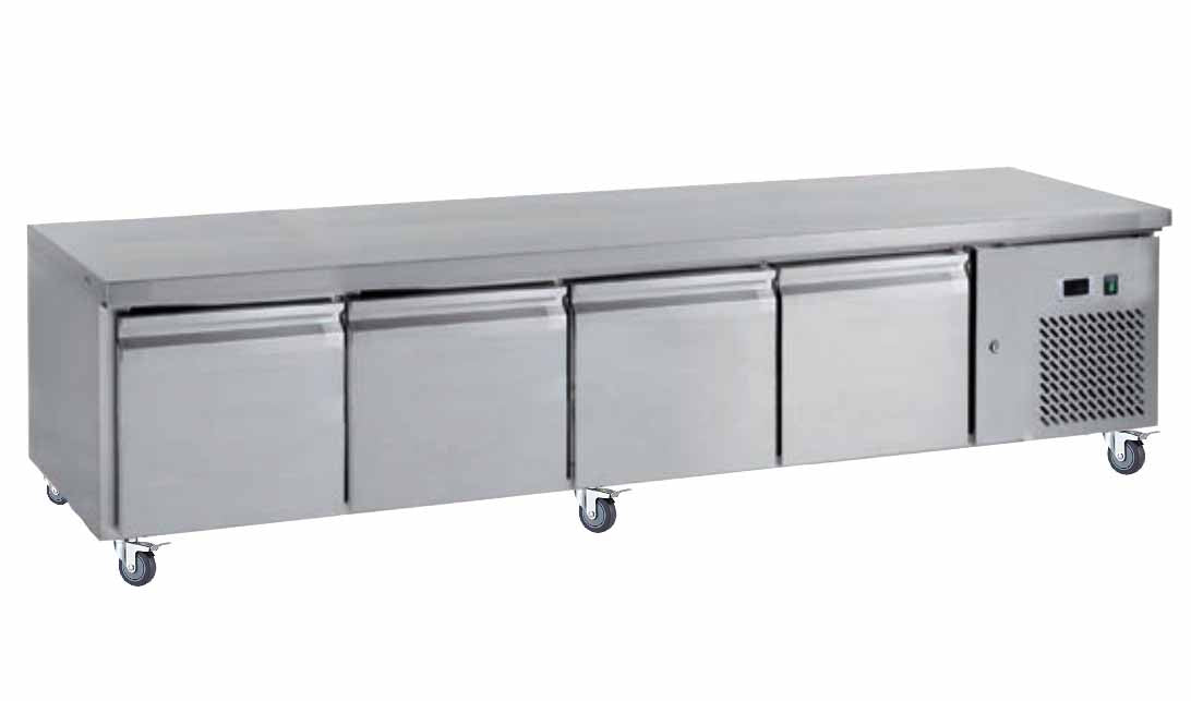 SOUBASSEMENT REFRIGERE, -2/+8°C,  - 4 PORTES GN1/1, SUR ROULETTES Ø 100 MM
