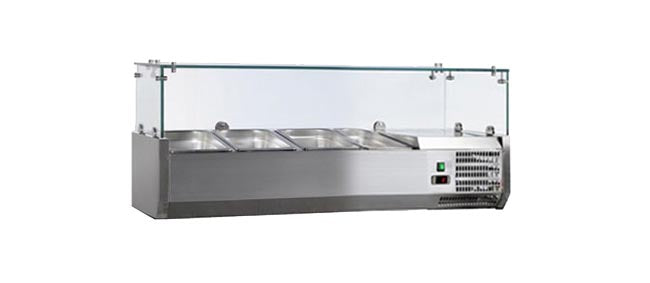 VITRINE A INGREDIENTS INOX, +2/+8°C, AVEC - PARE-HALEINE, 3GN1/3-150 + 1GN1/2-150 NON COMPRIS