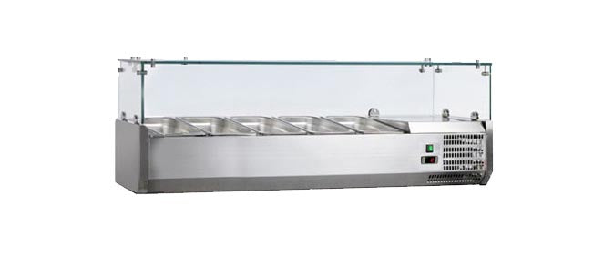VITRINE A INGREDIENTS INOX, +2/+8°C, GAZ R600A - PARE-HALEINE VERRE, 4GN1/3+1GN1/2-150 NON COMPRIS