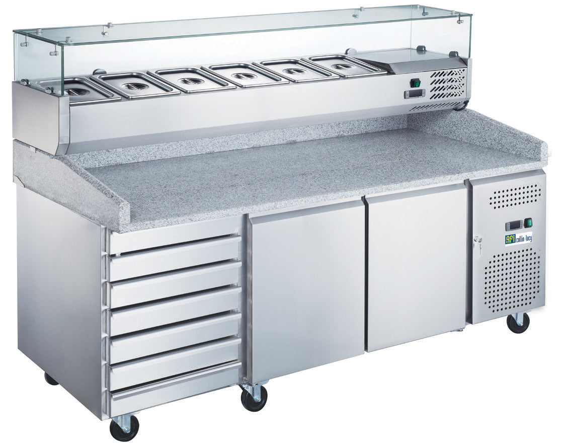 TABLE À PIZZA RÉFRIGÉRÉE AVEC VITRINE - POSITIVE - PROF 800 - 2 PORTES + 7 TIROIRS