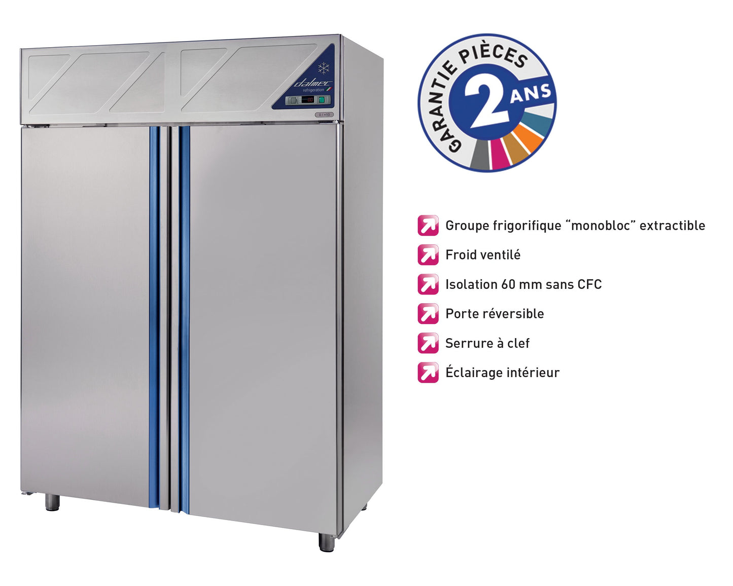 Armoire réfrigérée positive -2/+10°C - 2 portes pleines - 1400 L - groupe logé - Dalmec