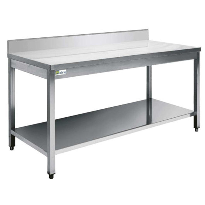TABLE INOX AVEC DOSSERET ET TABLETTE INFÉRIEURE - SÉRIE 600 - LONG. 1300 MM