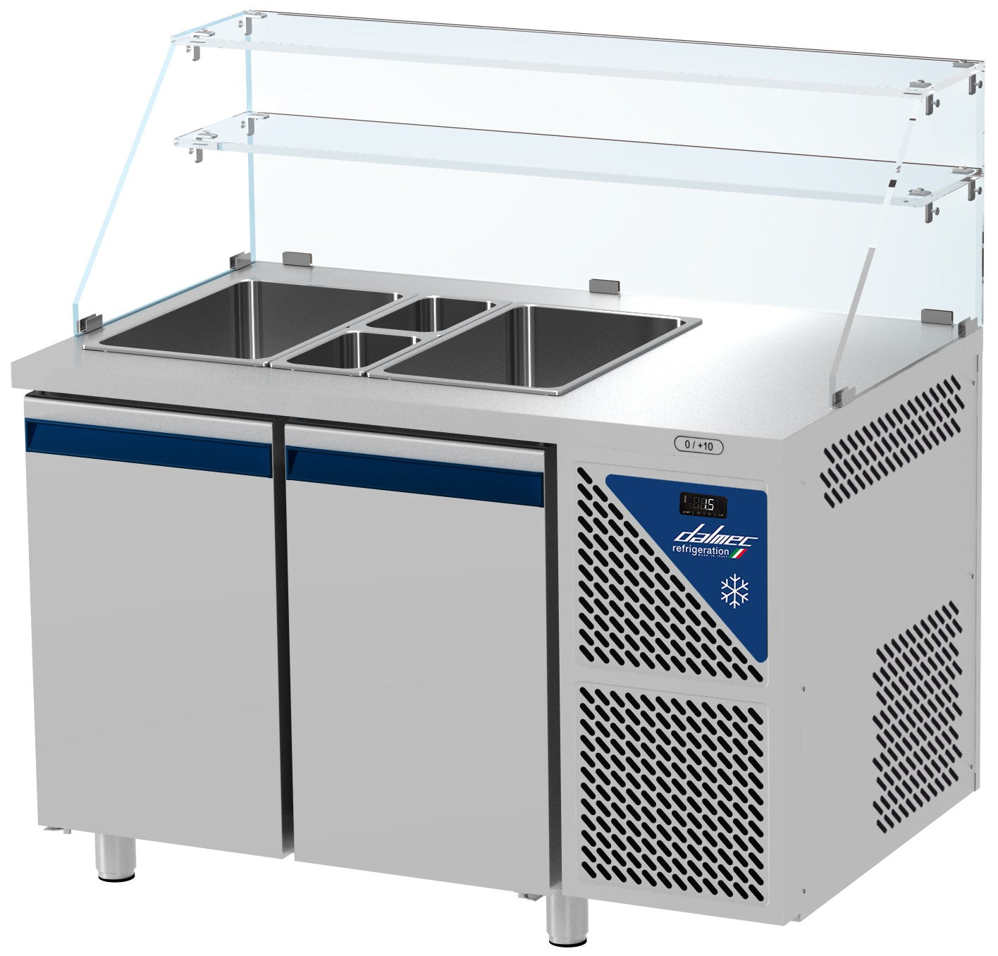 Saladette positive - 2 GN 1/1 + 2 GN 1/4 - 300 L - 2 portes pleines - Prof. 700 - Avec vitrine haute -SAL702VH-3 - Dalmec