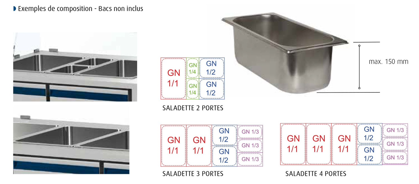 Saladette positive +4/+10°C - 4 GN 1/1 - 460 L - 3 portes pleines - Prof. 700 - Avec vitrine basse - SAL703VB-3 - Dalmec