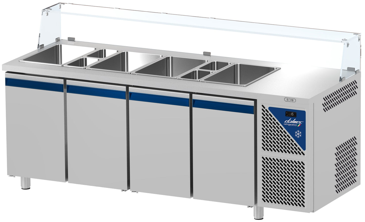 Saladette positive +4/+10°C - 5 GN 1/1 - 630 L - 4 portes pleines - Prof. 700 - Avec vitrine basse - SAL704VB-3 - Dalmec