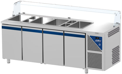 Saladette positive +4/+10°C - 5 GN 1/1 - 630 L - 4 portes pleines - Prof. 700 - Avec vitrine basse - SAL704VB-3 - Dalmec