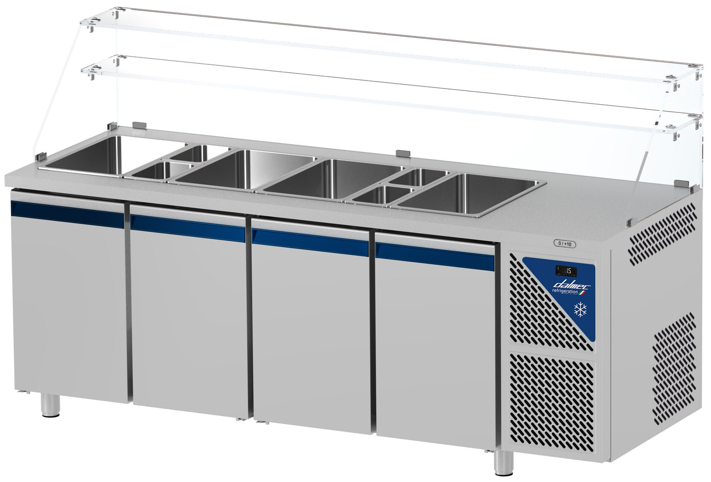 Saladette positive +4/+10°C - 5 GN 1/1 - 630 L - 4 portes pleines - Prof. 700 - Avec vitrine haute - SAL704VH-3 - Dalmec