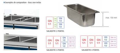 Saladette positive - Sans groupe logé - 4 GN 1/1 - 460 L - 3 portes - Prof. 700 - Avec vitrine basse - SAL703SGVB-3 - Dalmec