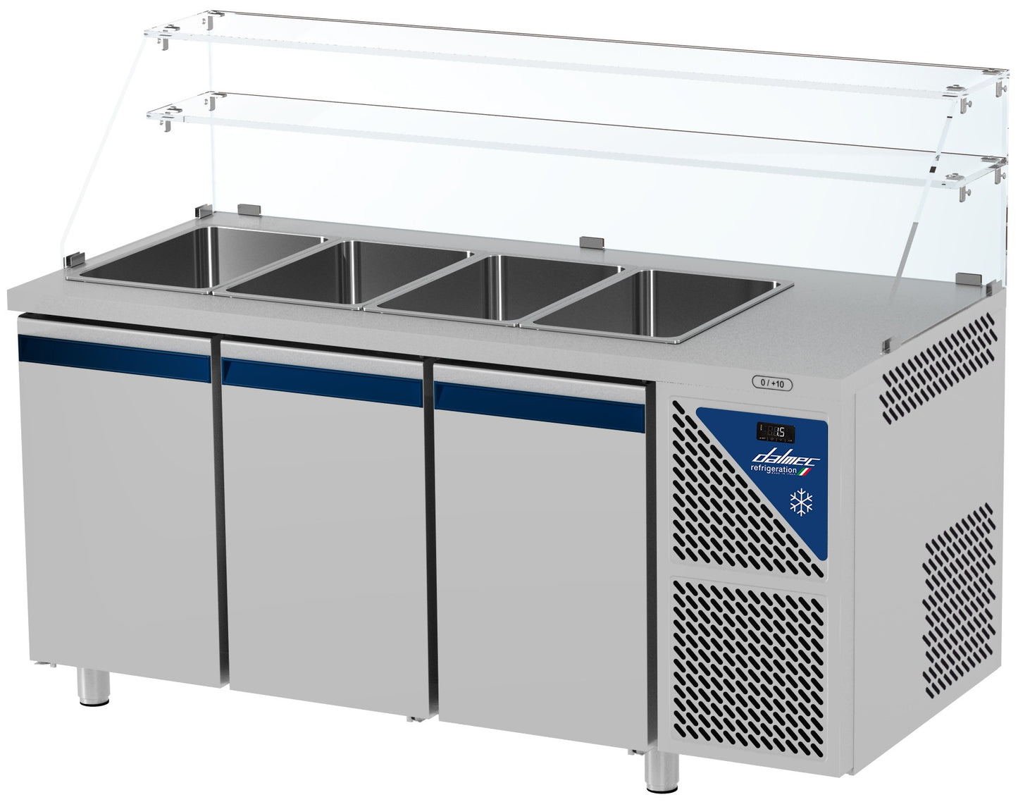 Saladette positive - Sans groupe logé - 4 GN 1/1 - 460 L - 3 portes - Prof. 700 - Avec vitrine haute - SAL703SGVH-3 - Dalmec