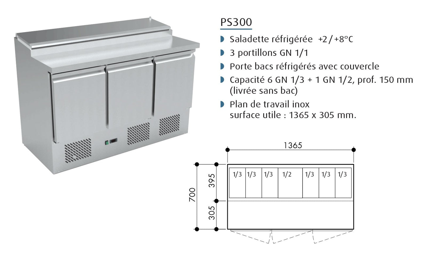 Saladette réfrigérée positive 425 L - 3 portes - Avec groupe logé - PS301 - Nosem