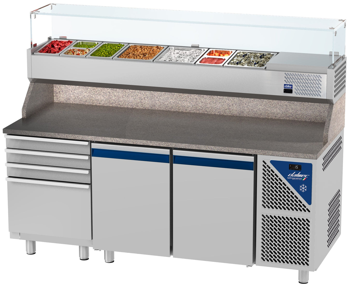 Table à pizza positive 0/+10°C - 396 L - 2 portes pleines - Prof. 800 - 600 x 400 - 4 tiroirs - PZ8024T13-3 - Dalmec