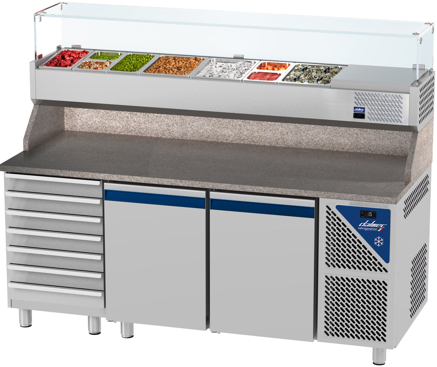 Table à pizza positive 0/+10°C - 396 L - 2 portes pleines - Prof. 800 - 600 x 400 - 7 tiroirs - PZ8027T14-3 - Dalmec