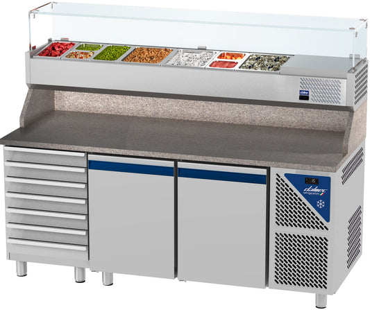 Table à pizza positive 0/+10°C - 396 L - 2 portes pleines - Prof. 800 - 600 x 400 - 7 tiroirs - PZ8027T14-3 - Dalmec