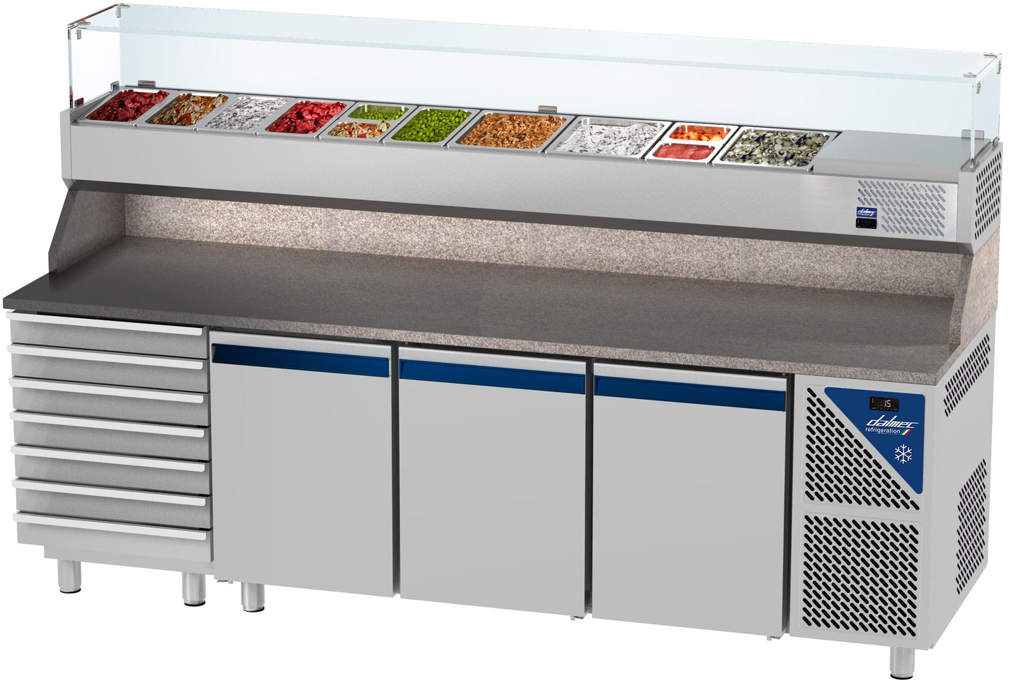 Table à pizza positive 0/+10°C - 606 L - 3 portes + 7 tiroirs - Prof. 800 - 600 x 400 - PZ8037T13-3 - Dalmec