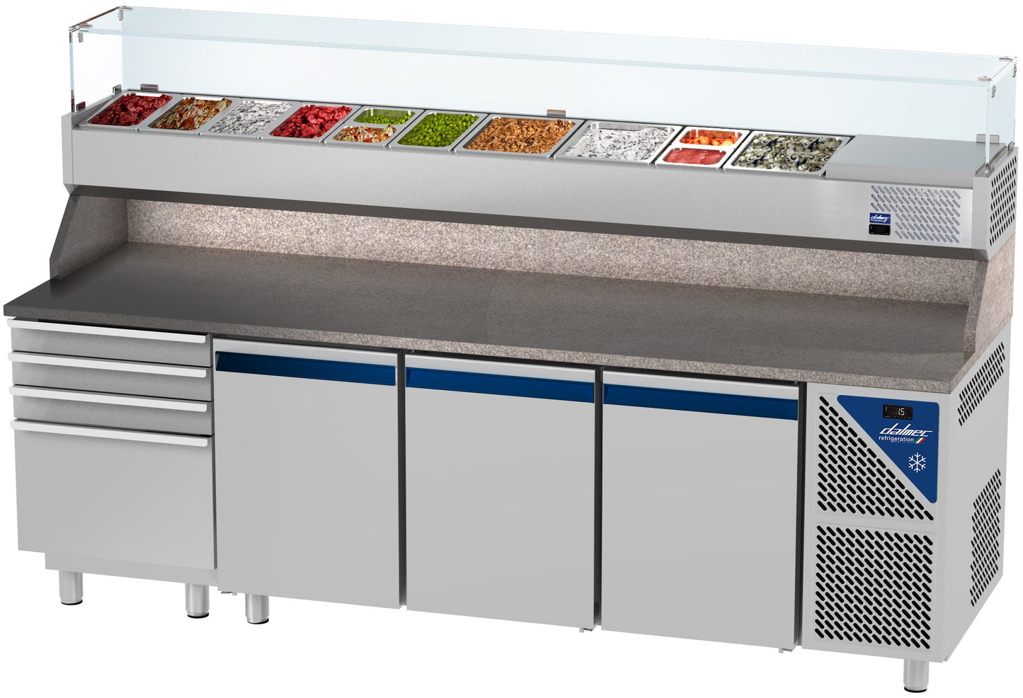 Table à pizza positive 0/+10°C - 606 L - 3 portes pleines - Prof. 800 - 600 x 400 - 4 tiroirs - PZ8034T13-3 - Dalmec