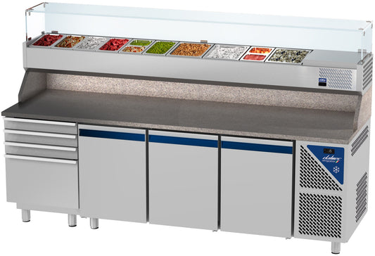 Table à pizza positive 0/+10°C - 606 L - 3 portes pleines - Prof. 800 - 600 x 400 - 4 tiroirs - PZ8034T14-3 - Dalmec