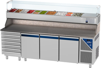 Table à pizza positive 0/+10°C - 606 L - 3 portes pleines - Prof. 800 - 600 x 400 - 7 tiroirs - PZ8037T14-3 - Dalmec