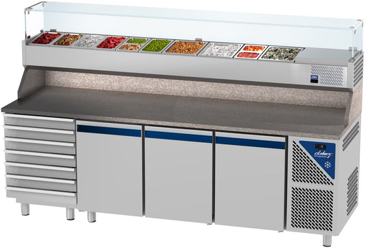Table à pizza positive 0/+10°C - 606 L - 3 portes pleines - Prof. 800 - 600 x 400 - 7 tiroirs - PZ8037T14-3 - Dalmec