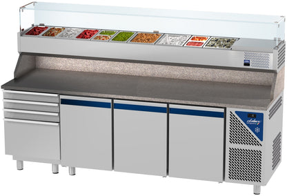 Table à pizza positive 0/+10°C - GN 1/1 - 300 L - 3 portes pleines - Prof. 700 - 4 tiroirs - PZ7034T14-3 - Dalmec
