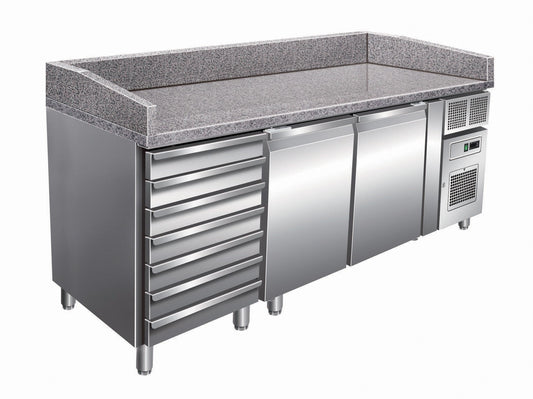 Table à pizza positive +2/+8°C - 2 portes + 7 tiroirs à patons - 427 litres -  Dessus granit - Prof. 800 mm - PZ2610TN - Nosem