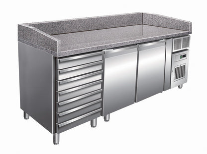 Table à pizza positive +2/+8°C - 2 portes + 7 tiroirs à patons - 427 litres -  Dessus granit - Prof. 800 mm - PZ2610TN - Nosem