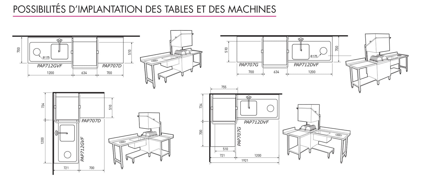 Table avec bac pour machines à capot panier 500 x 500 ou 600 x 500 - PAP712GVF
