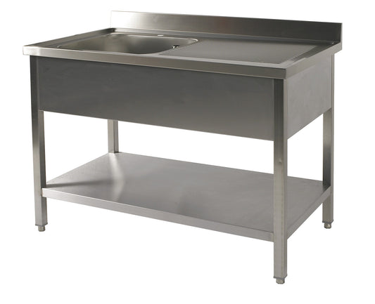 Table du chef adossée inox avec étagère profondeur 700 mm - Bac à gauche - Longueur 1400 mm - TACFG714ET - Nosem