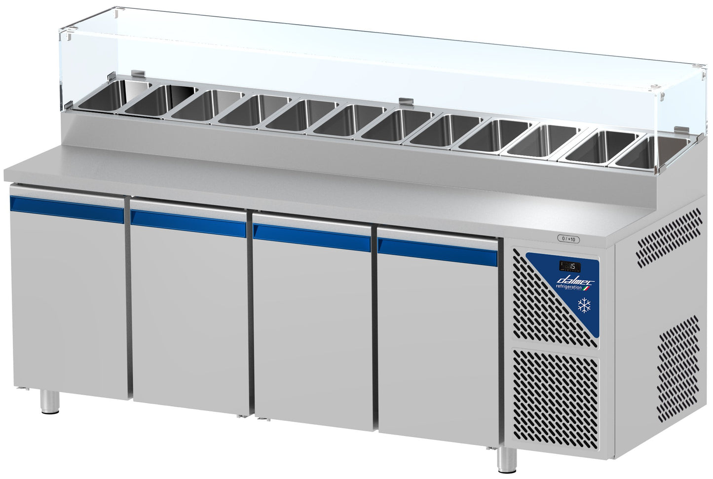 Table snack positive +4/+10°C - 816 L - 4 portes pleines - Prof. 800 - 600 x 400 - Avec vitrine - PS804V-3 - Dalmec
